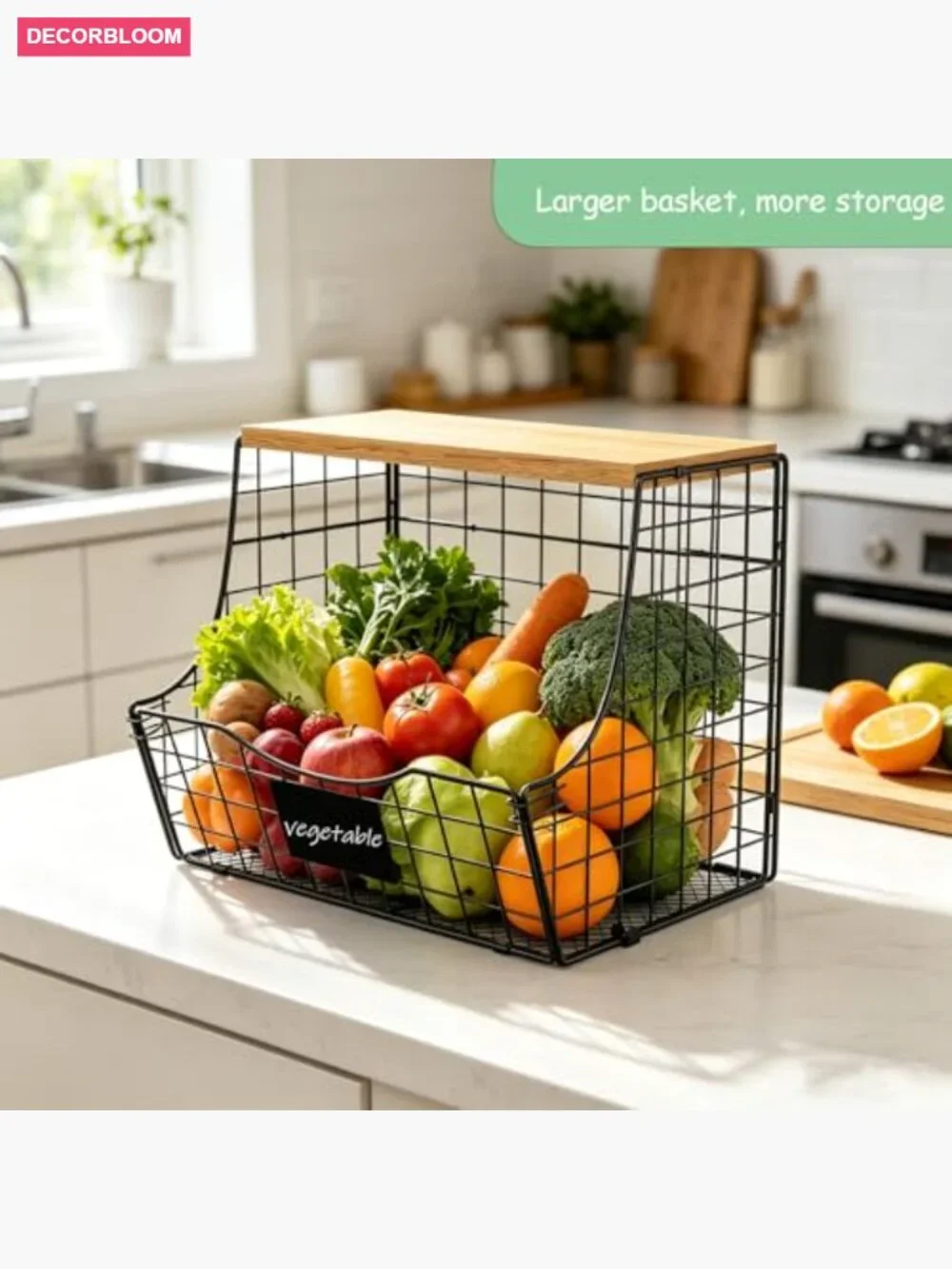 3 Pack Wire Fruit Basket with Wood Lid - Counter & Wall Mount Storage